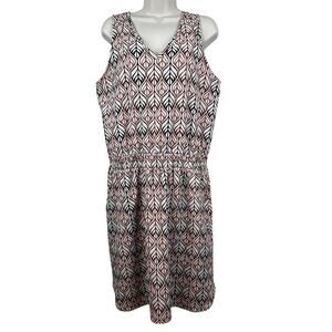Kavu Ensenada Dress Sleeveless Double V-Neck UPF Leaf Pattern Tan Large Pockets